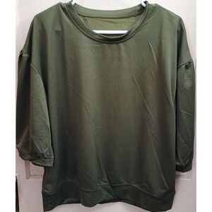 Womens Olive Green Puff 3/4 Sleeve Pullover Sweatshirt Crew Neck Relaxed Top